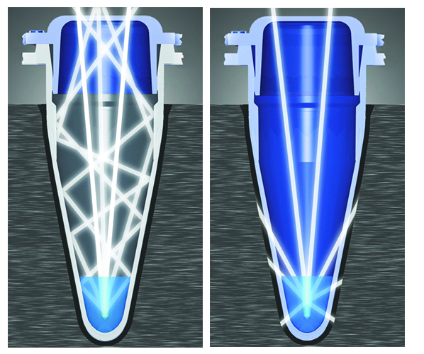 Side by side comparison of a white tube with transparent optical cap and a transparent tube with transparent optical cap.