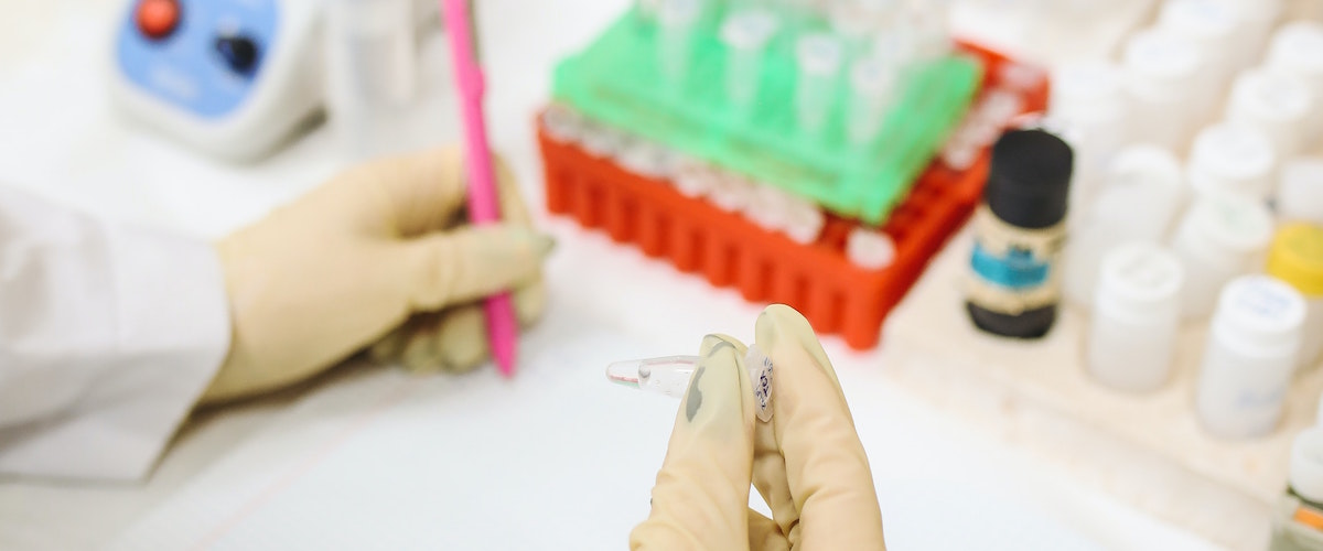 Scientist holding an individual tube for PCR.