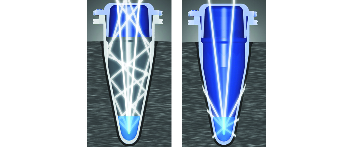 Side by side comparison of a white tube with transparent optical cap and a transparent tube with transparent optical cap.