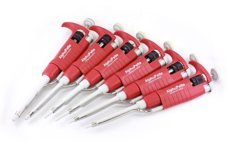 Six Red AlphaPette Pipettors