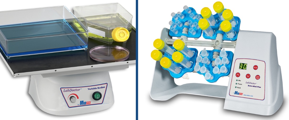 A laboratory shaker and rotator side by side.