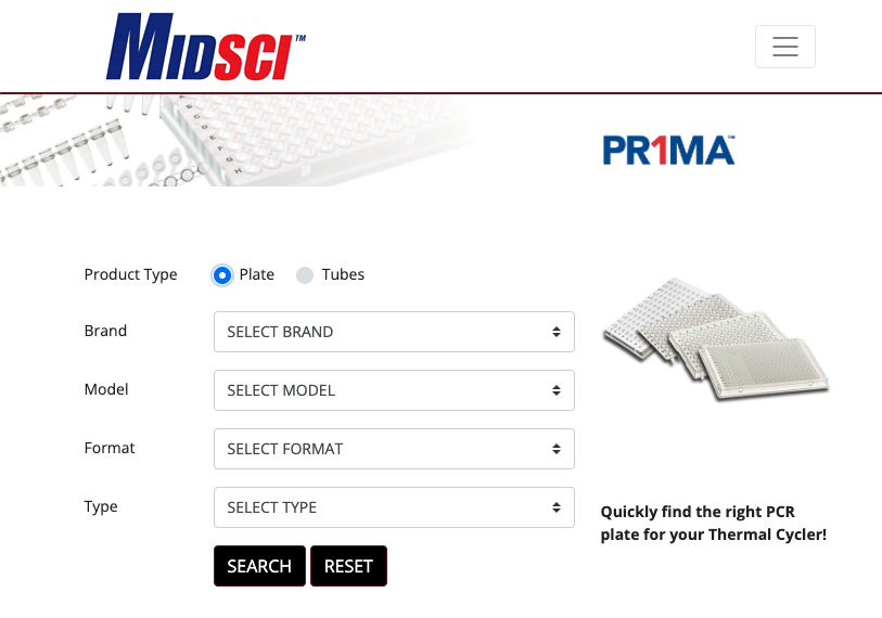 PR1MA Plates and Tubes Selection Tool